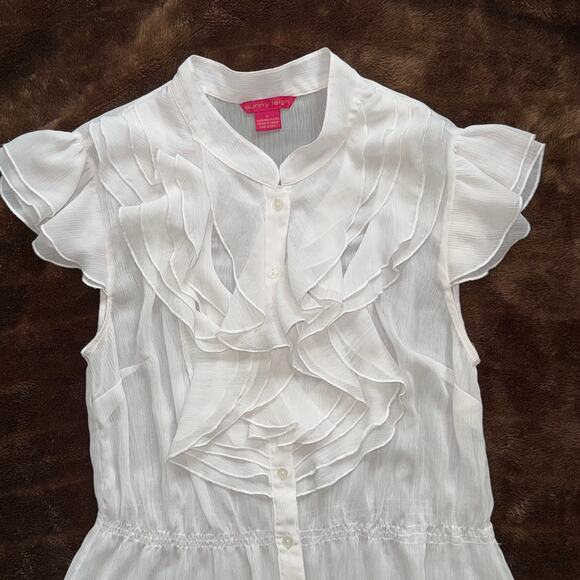 Sunny Leigh M White Ruffle Front Peplum Blouse Semi-Sheer Crinkle Fabric Top - Picture 2 of 5